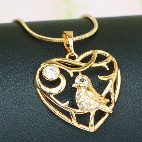 "Heart Shaped Rose Gold Pendant with Bird and Branch Design, XPPT1297 - Picture 1 of 12
